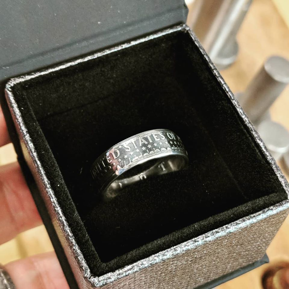 Ready to ship, a silver JFK Half Dollar Coin Ring