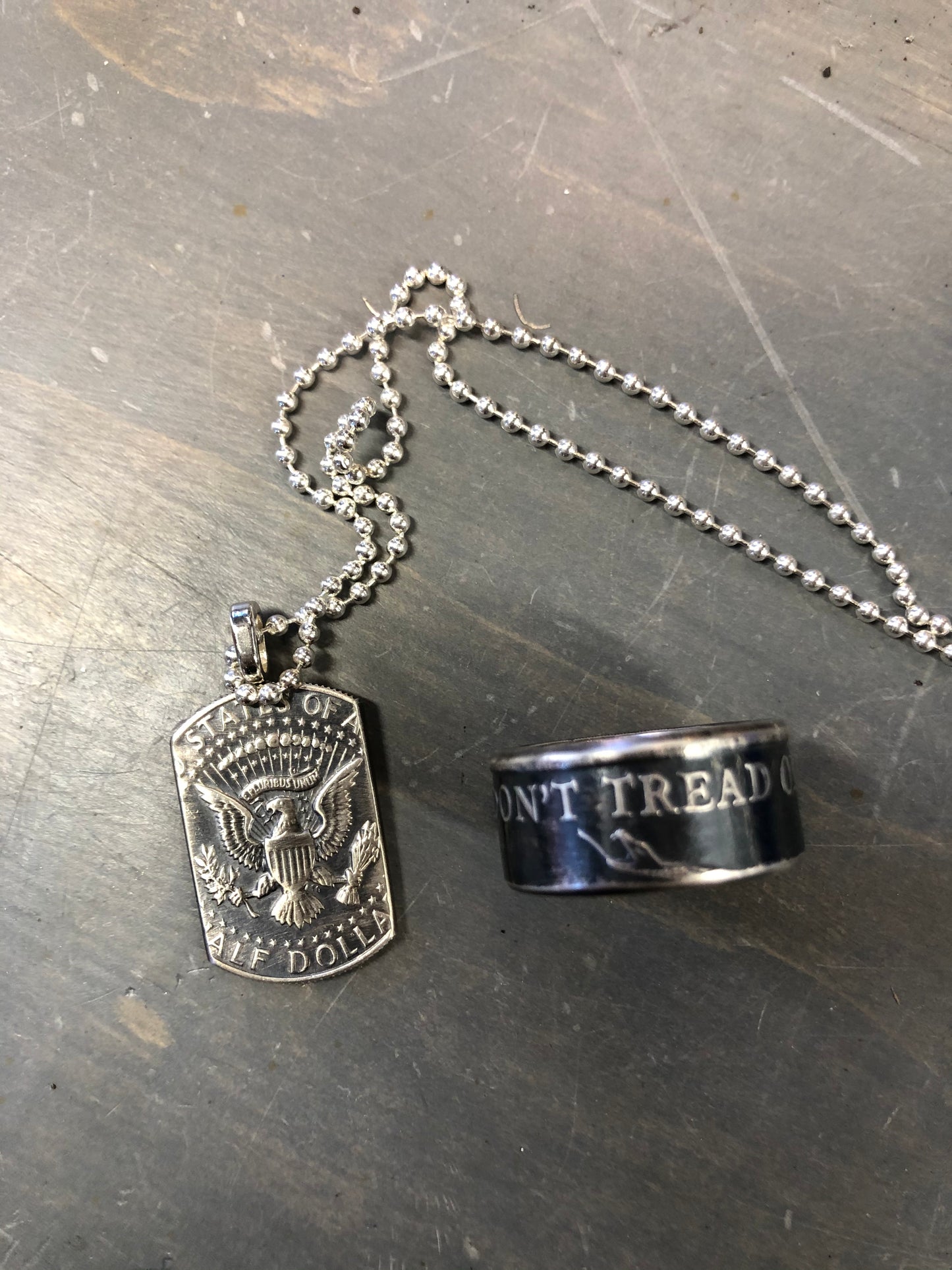 Don’t Tread On Me Silver Coin Ring & American Pride Dog Tag Necklace