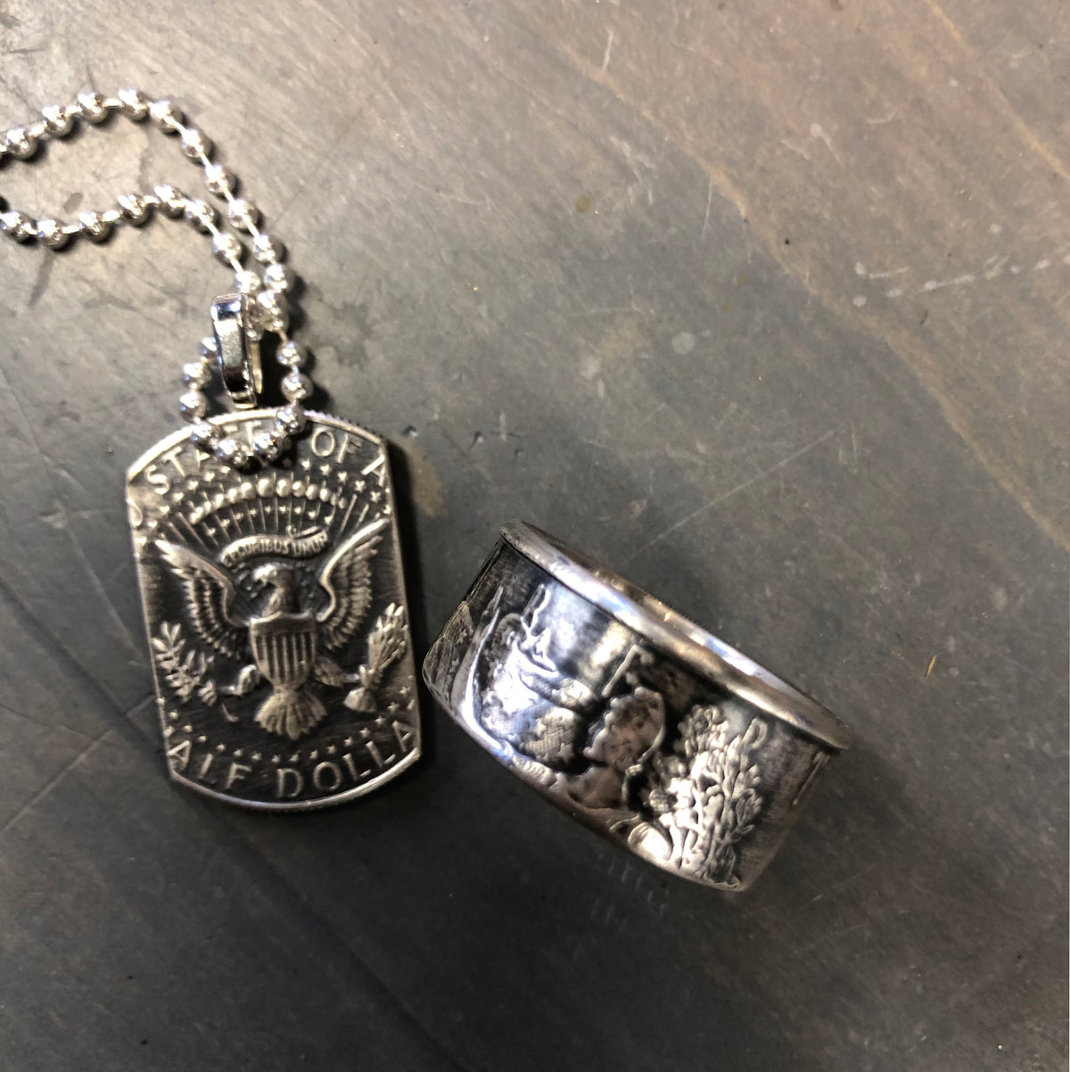 Silver Eagle Coin Ring & American Pride Dog Tag Necklace