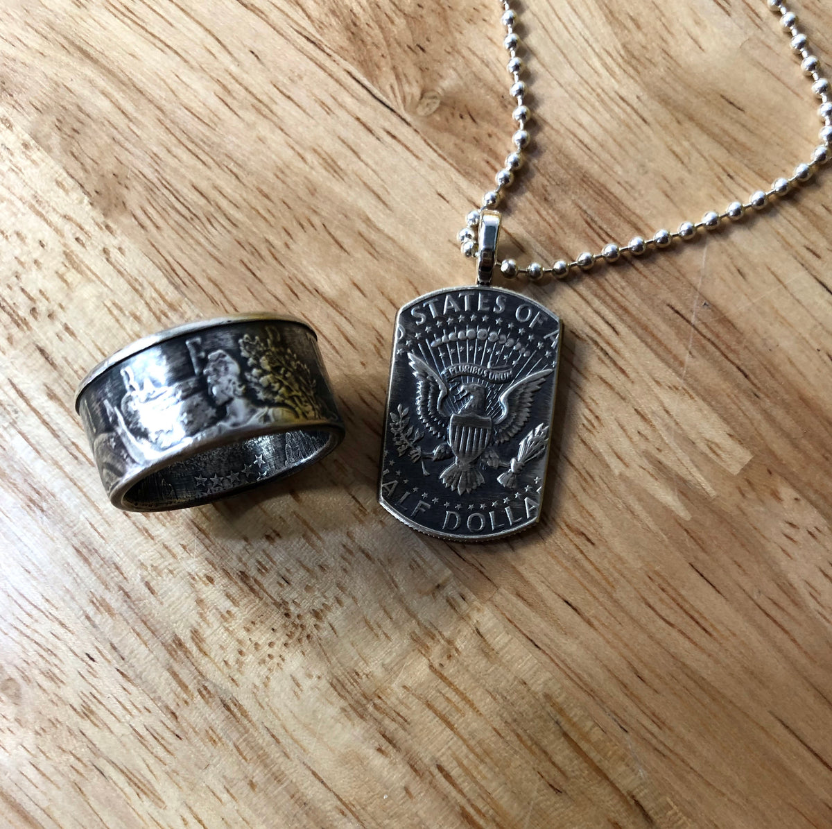 Silver Eagle Coin Ring & American Pride Dog Tag Necklace