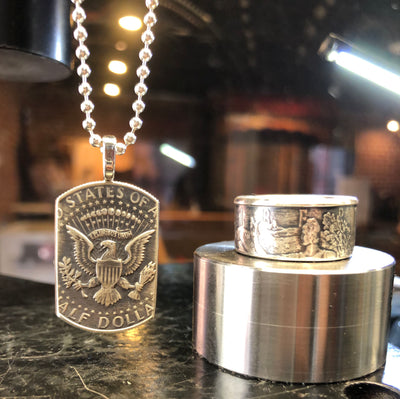 Silver Eagle Coin Ring & American Pride Dog Tag Necklace