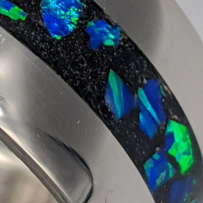 blue opal cremation ash inlay in coin ring