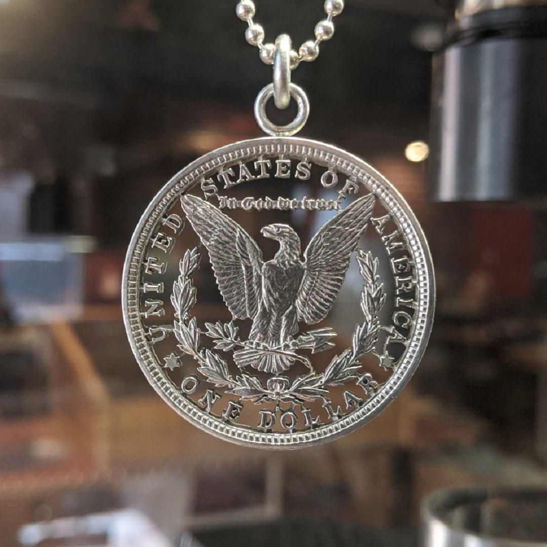 1921 Morgan Silver Dollar Necklace Set in a Sterling Silver Braided Bezel |  Unique items products, Necklace set, Coin necklace