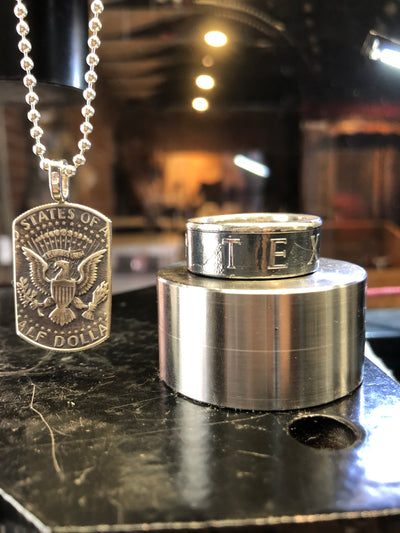 Texas Round Silver Coin Ring & American Pride Dog Tag Necklace