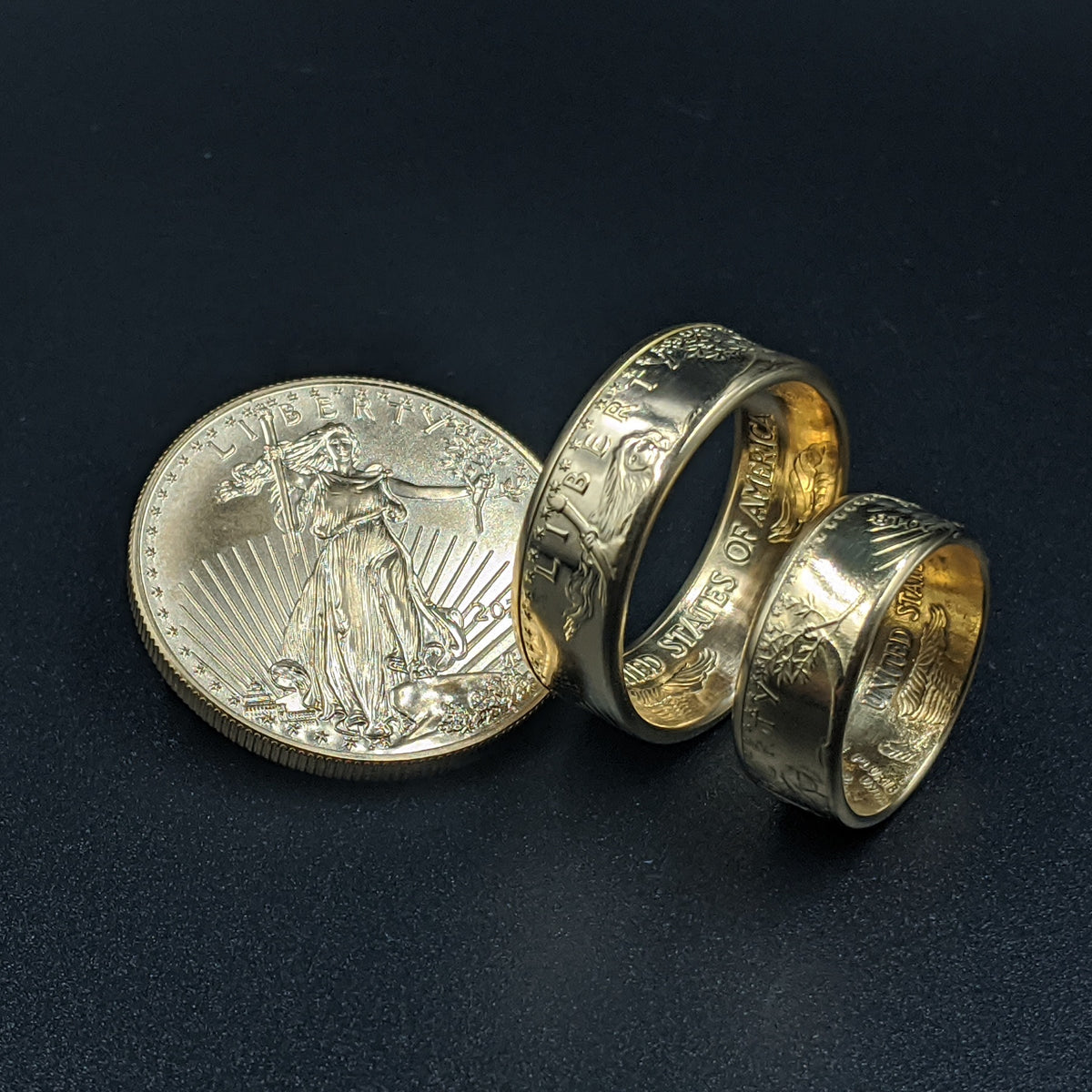American Gold Eagle wedding band set with gold eagle coin