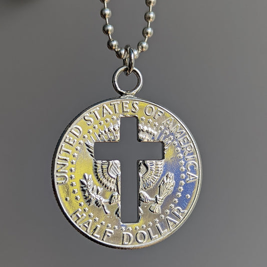 JFK Half Dollar Pendant with Christian Cross Cutout