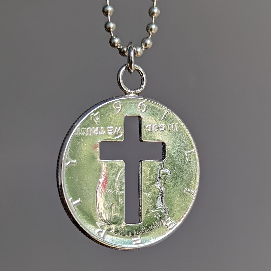 JFK Half Dollar Pendant with Christian Cross Cutout