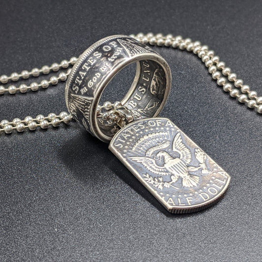 Morgan Silver Dollar Coin Ring & American Pride Dog Tag Necklace