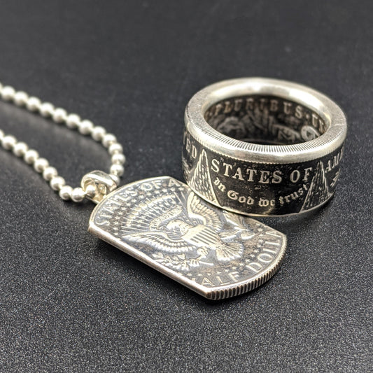Morgan Silver Dollar Coin Ring & American Pride Dog Tag Necklace