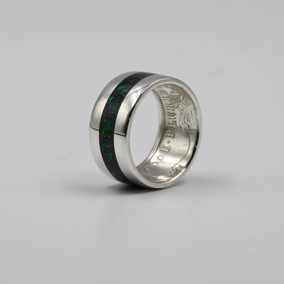 Morgan silver dollar cremation ash coin ring