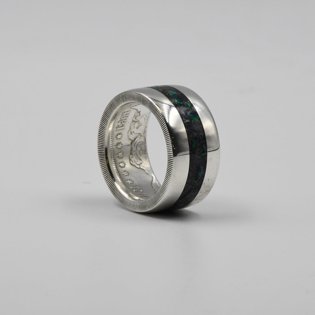 cremation ash coin ring using a Morgan silver dollar