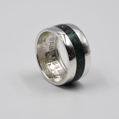 black emerald opal inlay example in a cremation ash coin ring