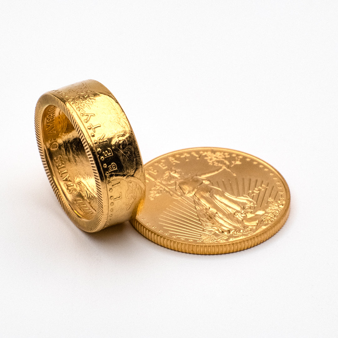 US gold bullion turned into a beautiful gold coin ring.