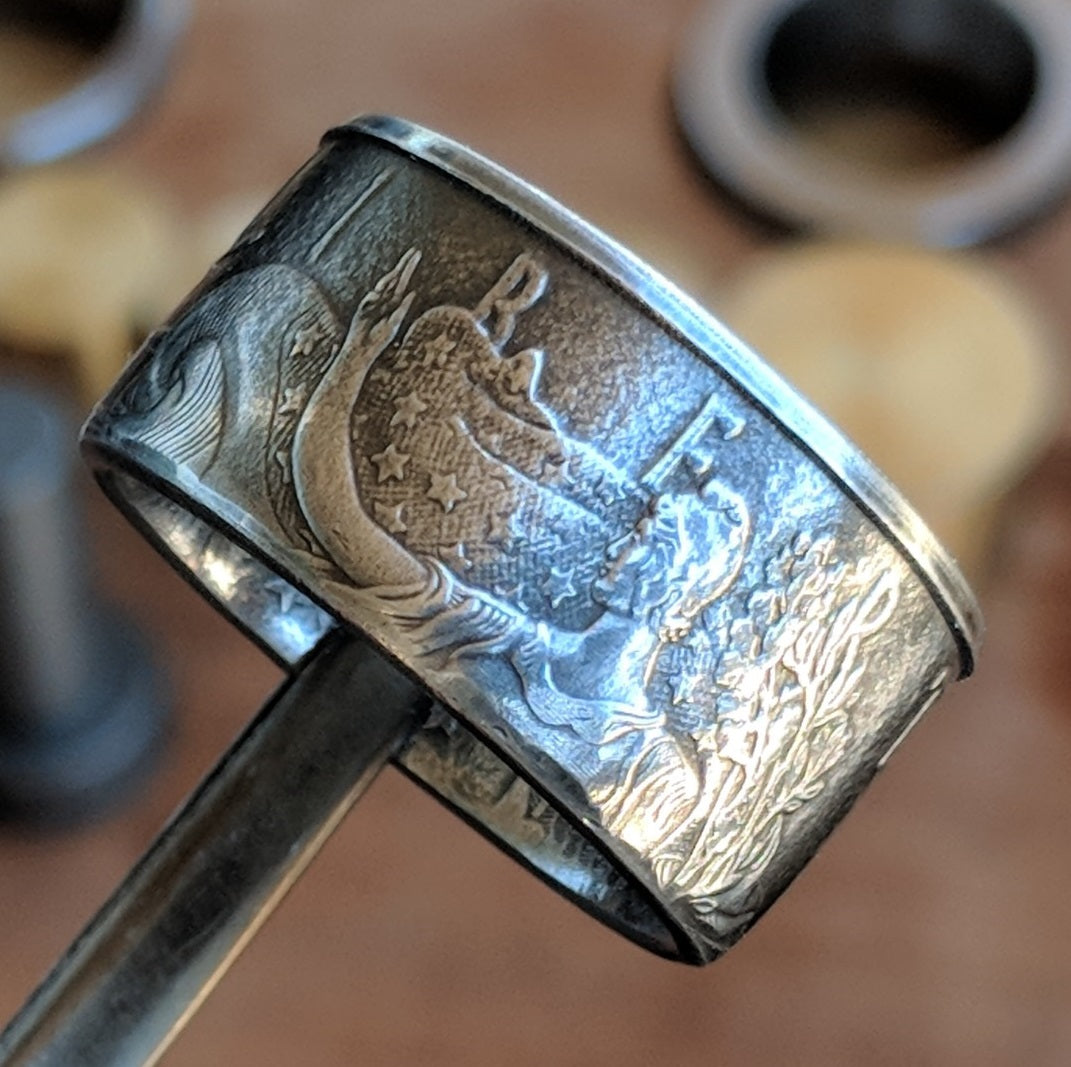 Silver Eagle Coin Ring with straight walls and patina to make the detail Pop.