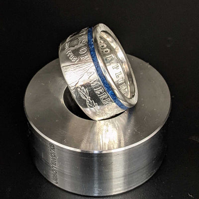 Side view of the Thin Blue Line Morgan Silver Dollar Coin Ring from Silver State Foundry