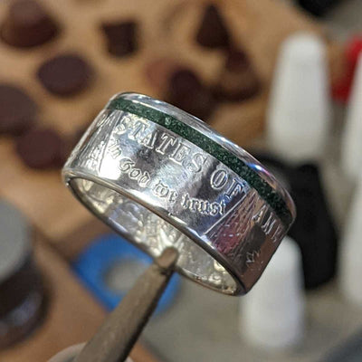 Sparkling silver finish on the Thin Green Line Morgan Silver Dollar Coin Ring from Silver State Foundry