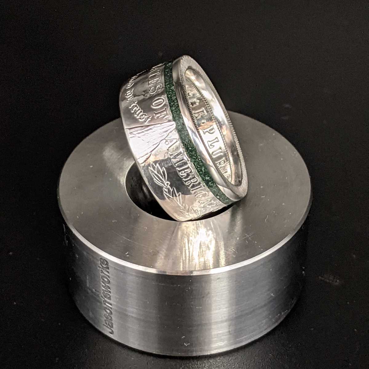 Left side of the Thin Green Line Morgan Silver Dollar Coin Ring from Silver State Foundry