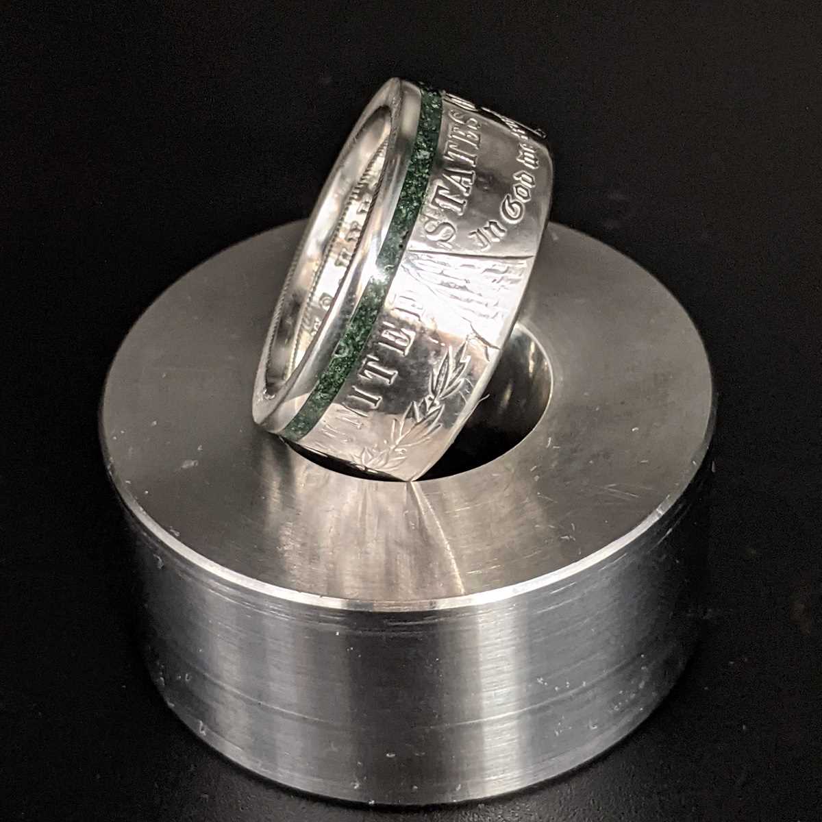 Right side of the Thin Green Line Morgan Silver Dollar Coin Ring from Silver State Foundry