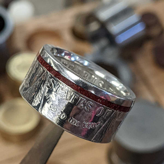 The Thin Red Line Morgan Silver Dollar Coin Ring, hot off the bench