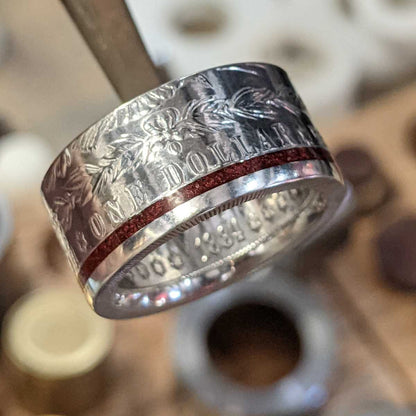 Back side of the Thin Red Line Morgan Silver Dollar Coin Ring from Silver State Foundry