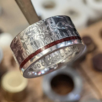 Back side of the Thin Red Line Morgan Silver Dollar Coin Ring from Silver State Foundry