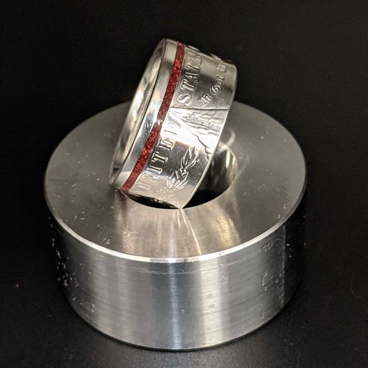 Right side of the Thin Red Line Morgan Silver Dollar Coin Ring from Silver State Foundry