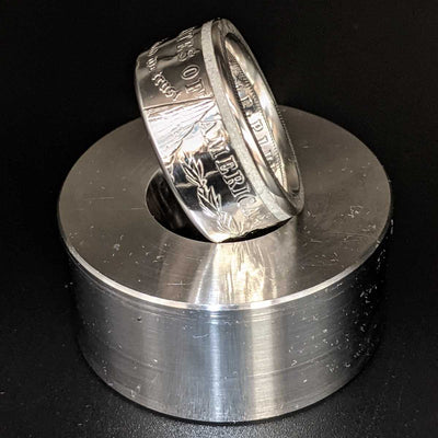 Left side of the Thin White Line Morgan Silver Dollar Coin Ring from Silver State Foundry