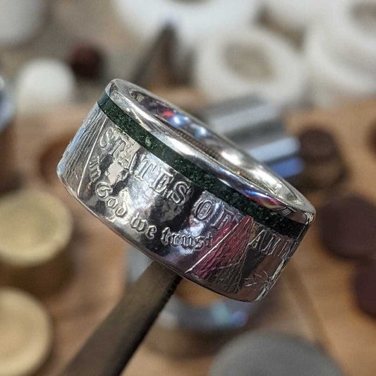 Hot off the bench - Thin Green Line Morgan Silver Dollar Coin Ring from Silver State Foundry