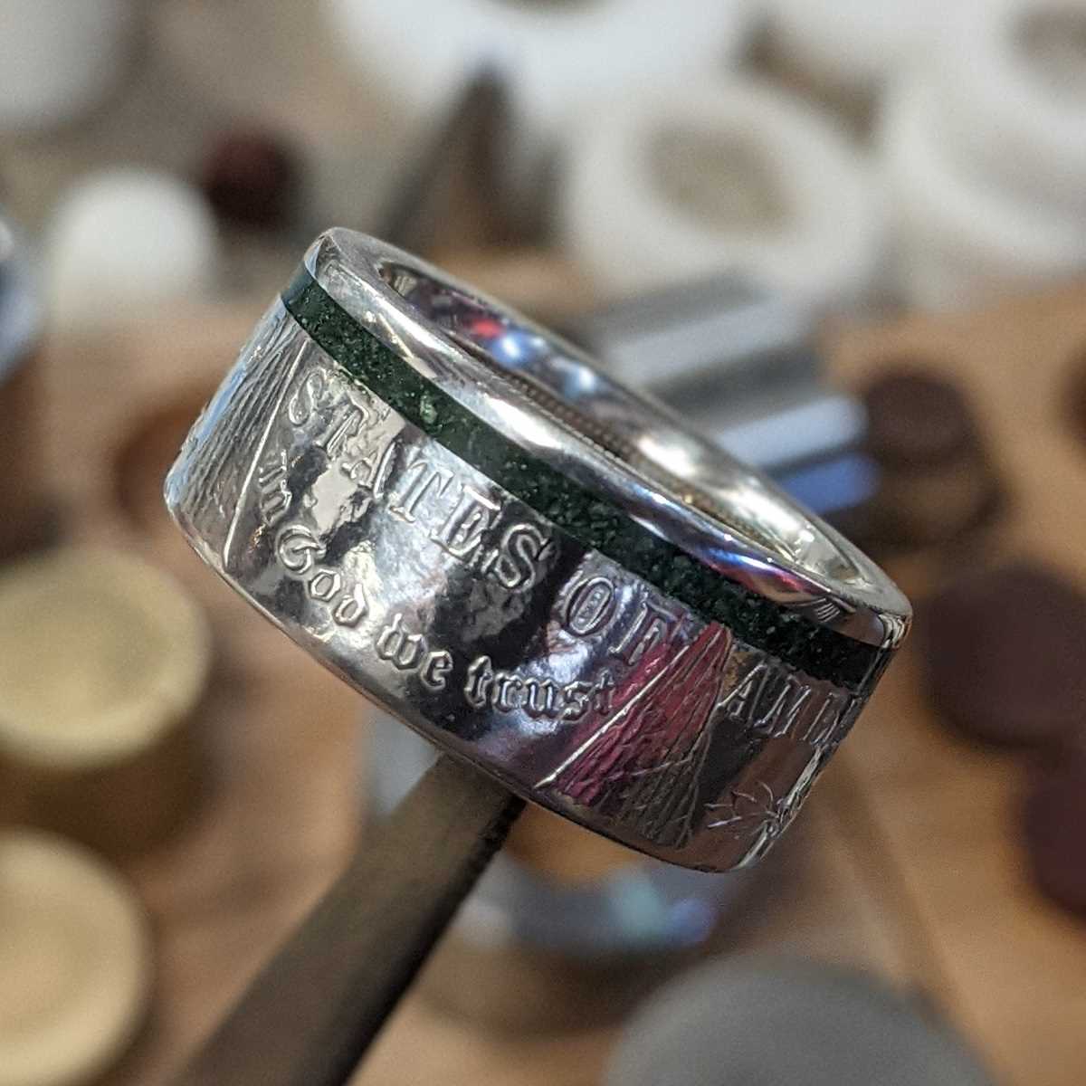 Hot off the bench - Thin Green Line Morgan Silver Dollar Coin Ring from Silver State Foundry