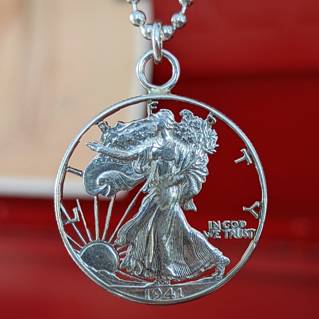 1941 Lady Liberty Half Dollar Cut Coin Necklace